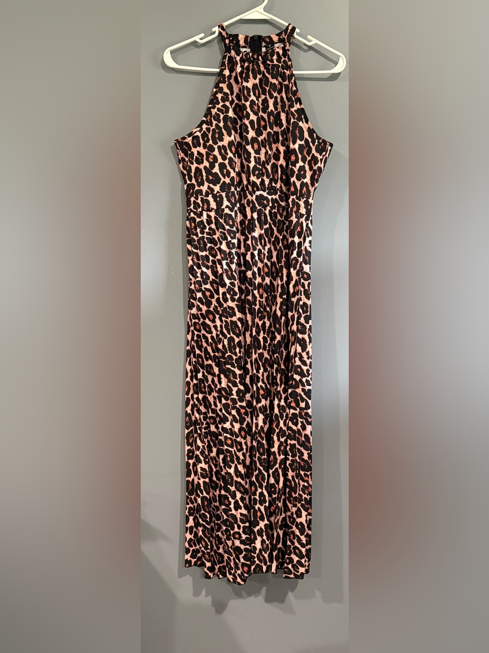 Leopard Print Halter Neck Pleated Maxi Dress Backless Size M
